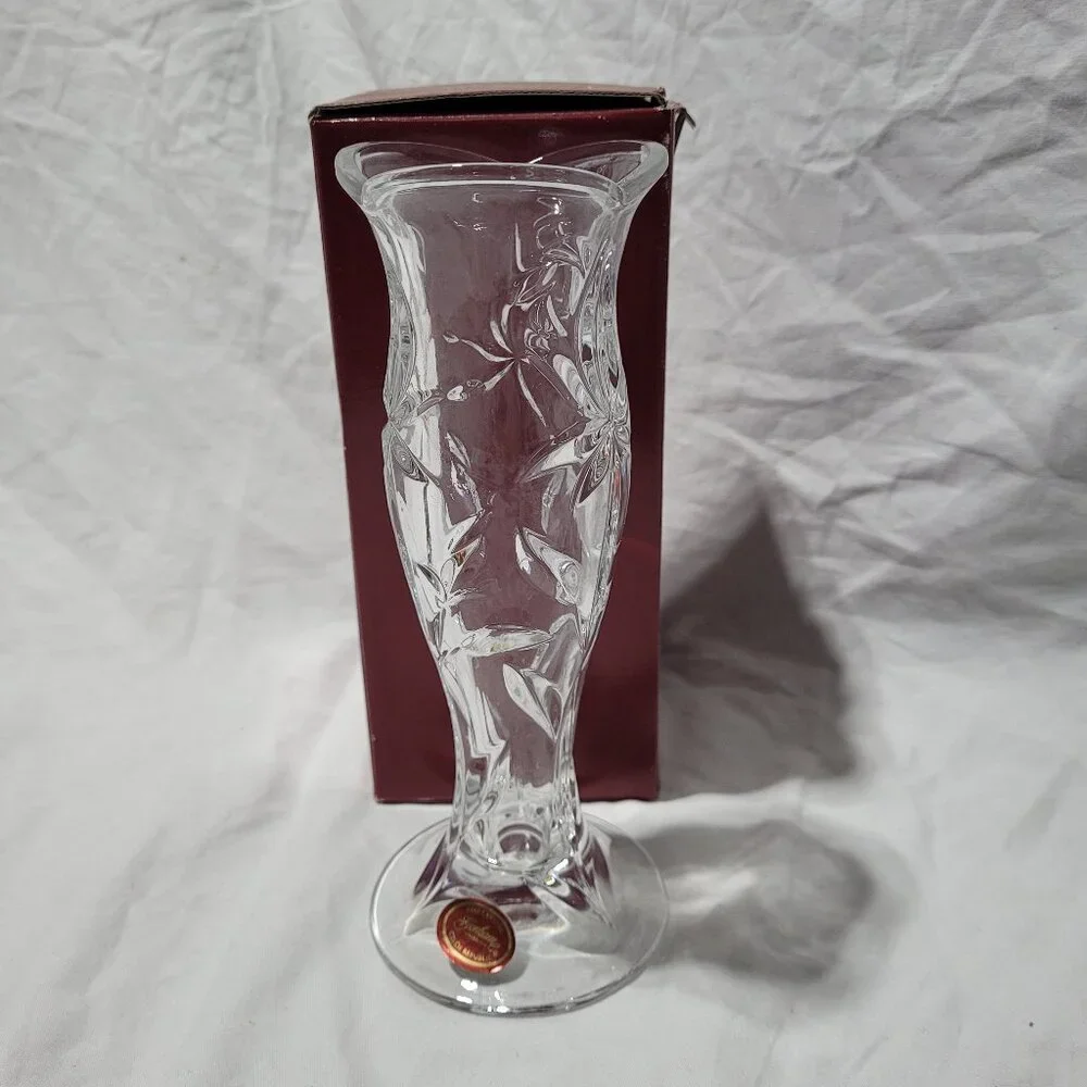 Gorham Etched Flower Bud Vase Fine Crystal Clear 8 in Czech Republic Etched